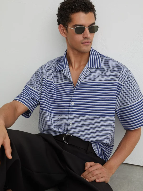 Reiss Bright Blue Striped Cuban-collar Shirt with Cotton