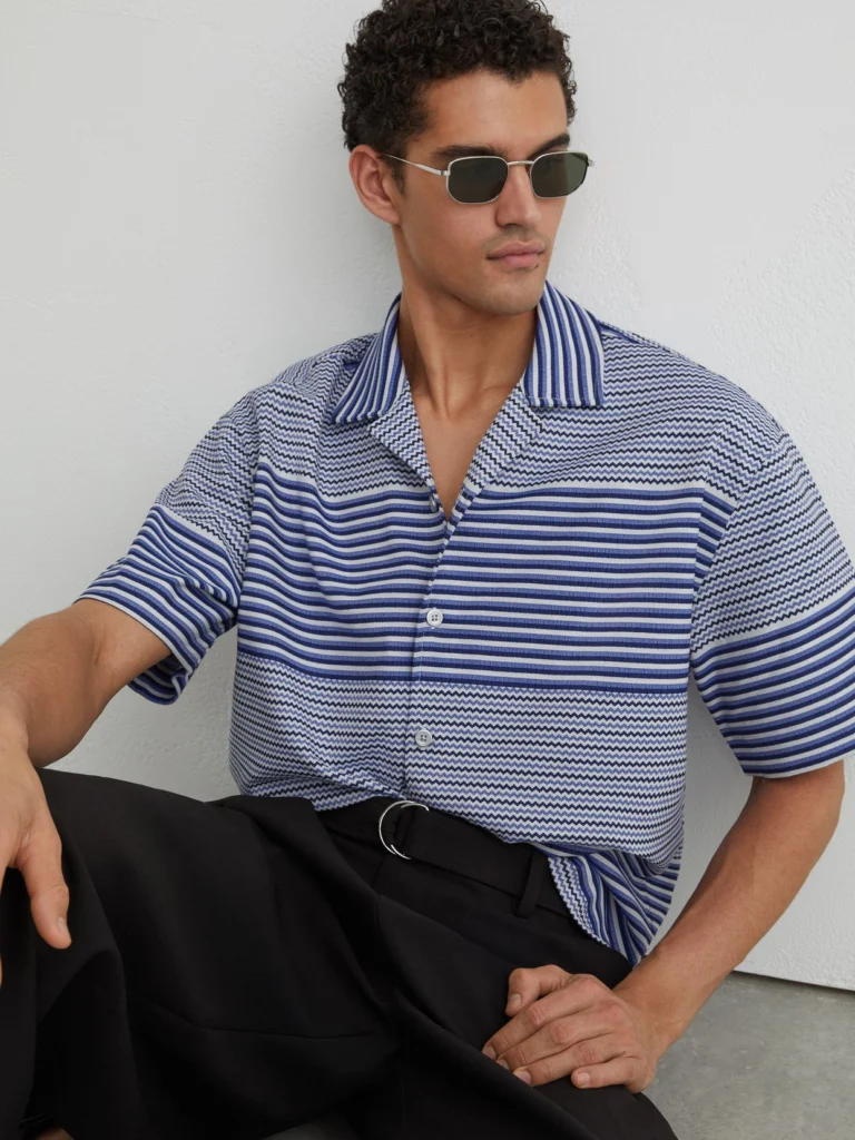 Reiss Bright Blue Striped Cuban-collar Shirt with Cotton