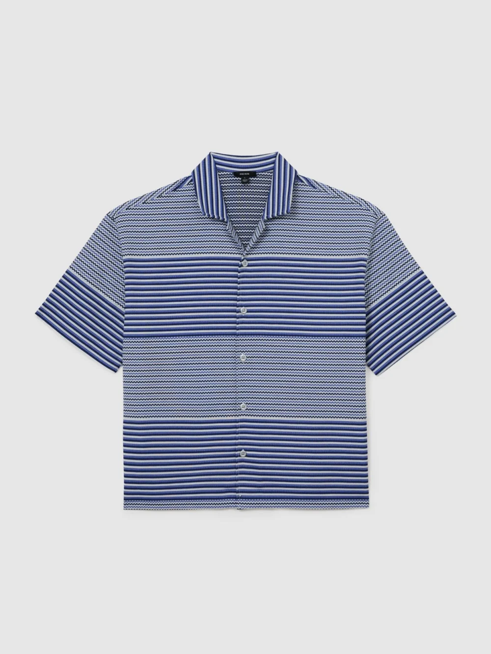Reiss Bright Blue Striped Cuban-collar Shirt with Cotton, view 2