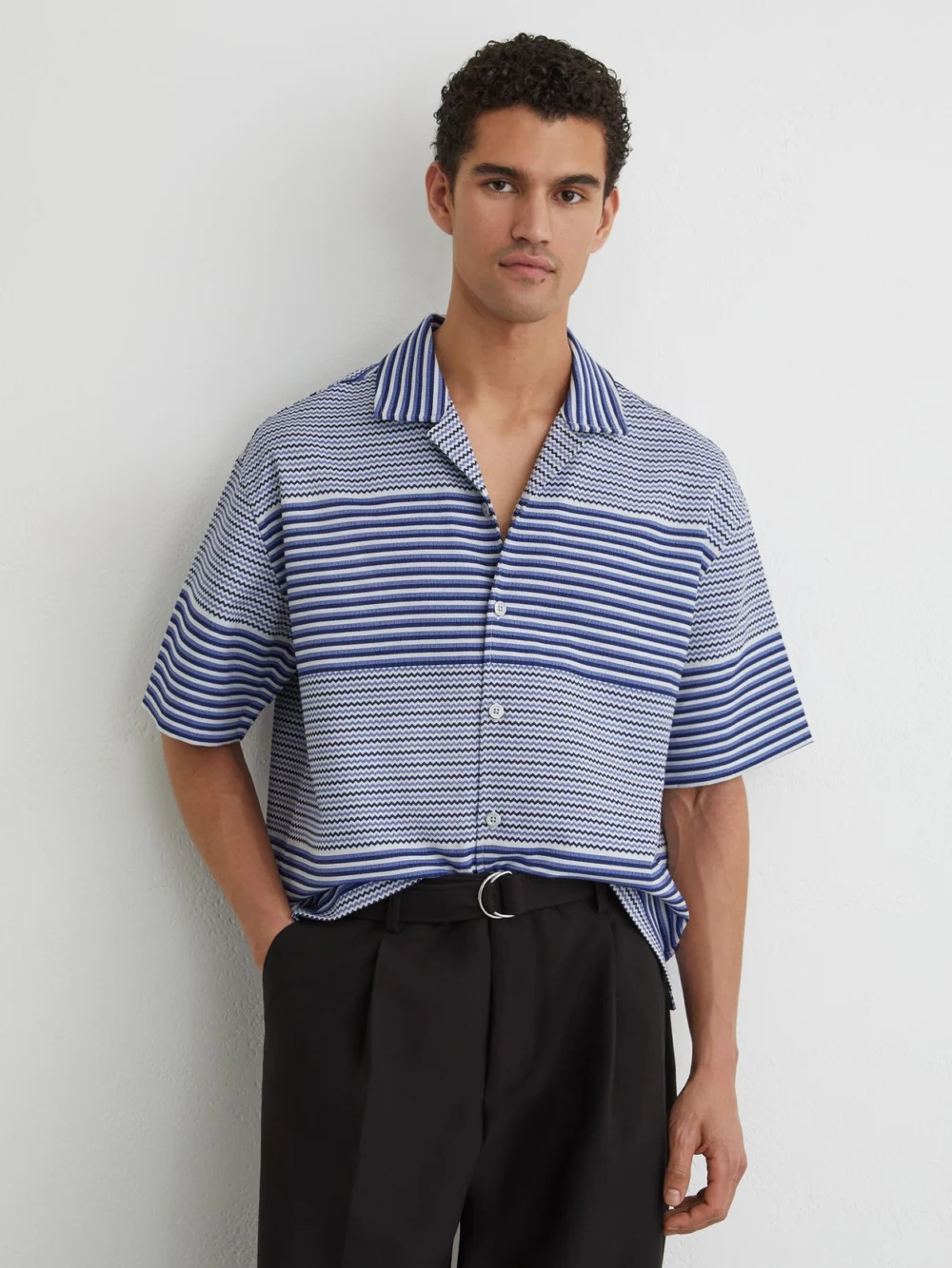 Reiss Bright Blue Striped Cuban-collar Shirt with Cotton, view 4