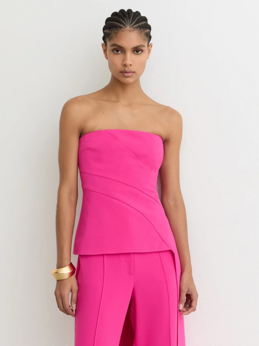 Reiss Bright Pink Strapless Drape-detail Structured Top, view 3