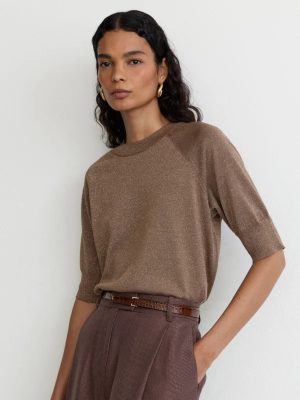 Reiss Bronze Wool-blend Metallic-knit Short-sleeve Top