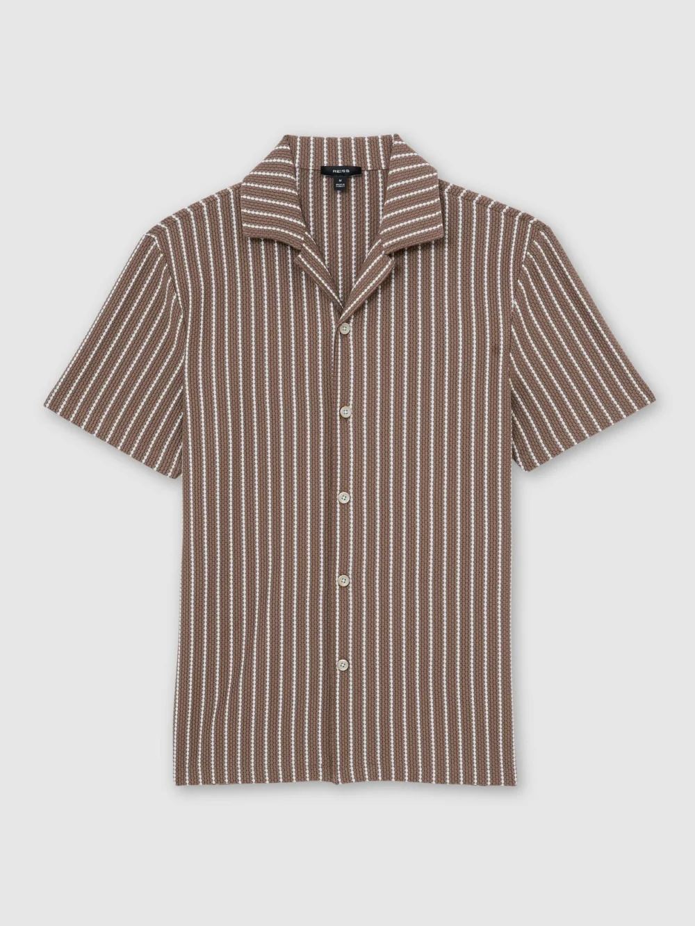 Reiss Brown & Ecru Textured-stripe Cuban-collar Shirt Cotton-blend, view 2