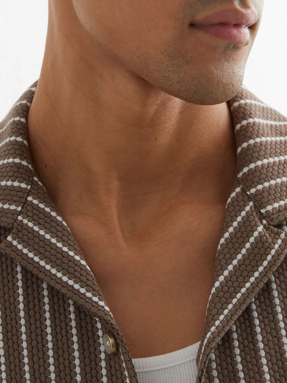 Reiss Brown & Ecru Textured-stripe Cuban-collar Shirt Cotton-blend, view 3