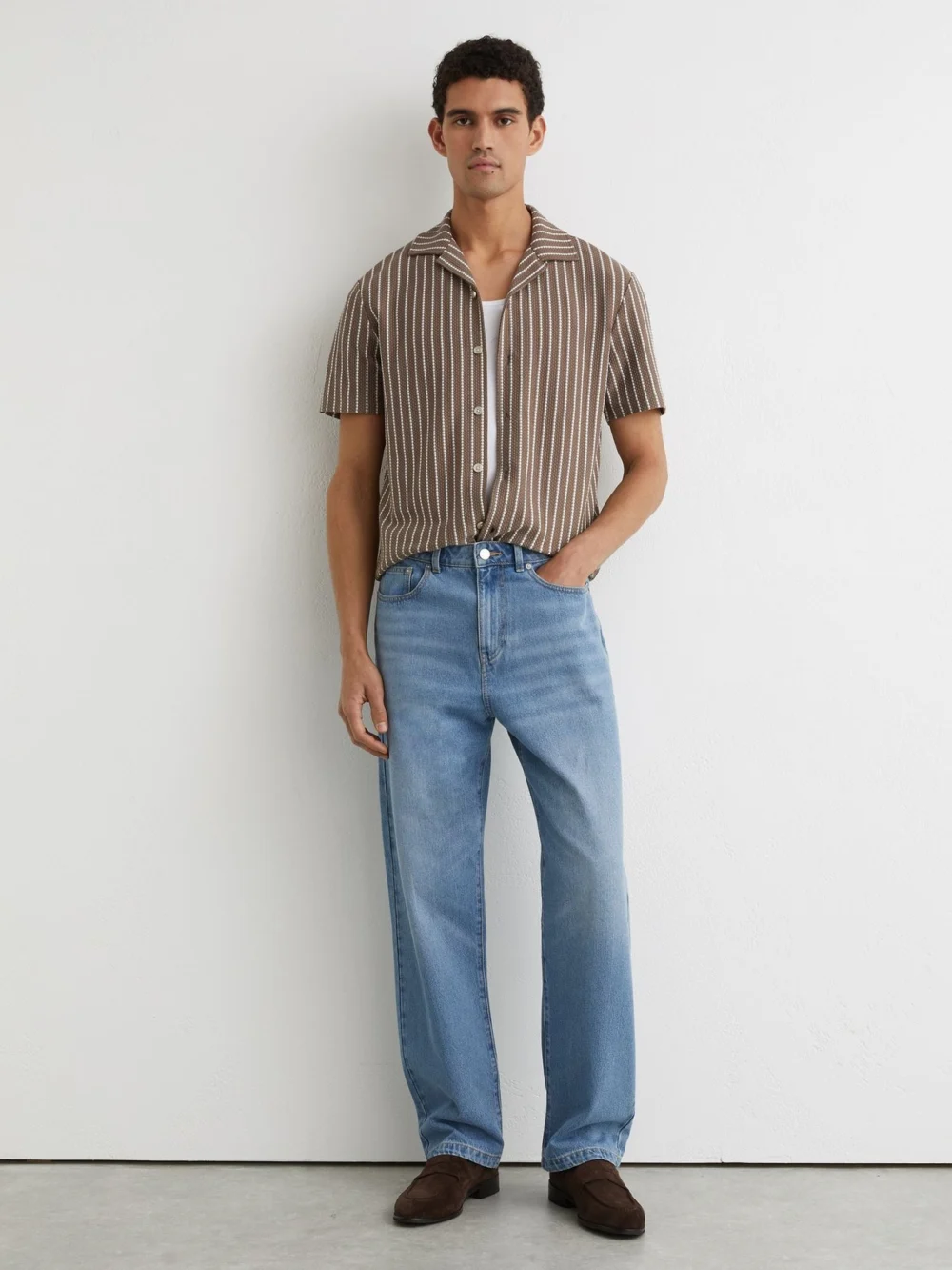 Reiss Brown & Ecru Textured-stripe Cuban-collar Shirt Cotton-blend, view 4