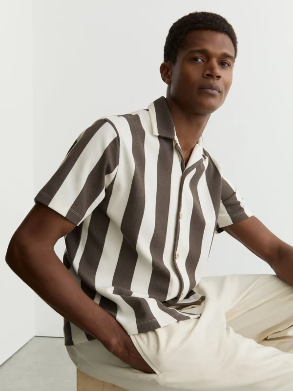 Reiss Brown & Off White Block-stripe Cuban-collar Shirt