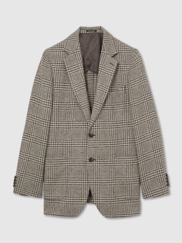 Reiss Brown & White Classic Fit Wool-blend Houndstooth Single-breasted Blazer