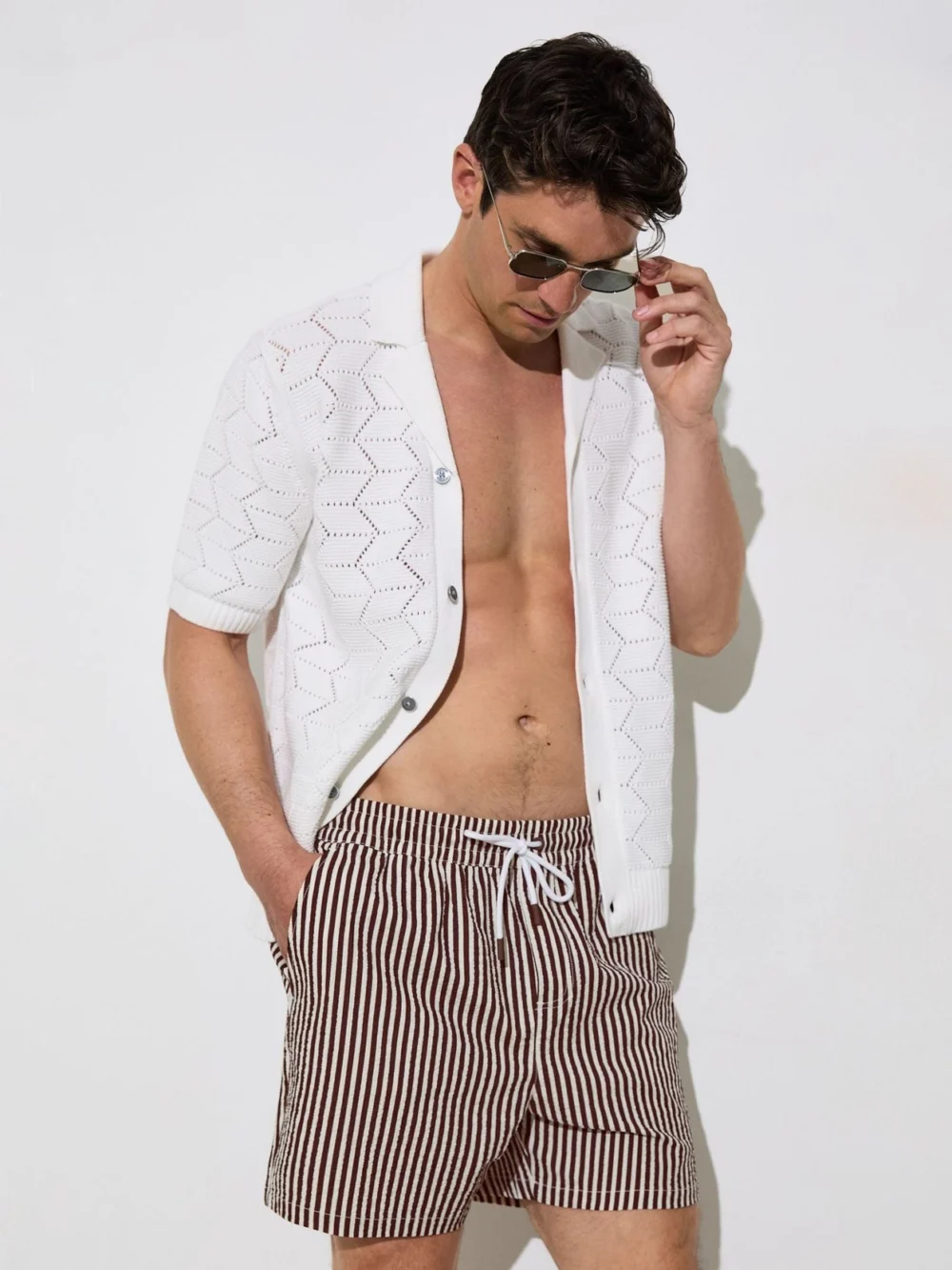 Reiss Brown & White Seersucker Stripe Swim Shorts in brown/white