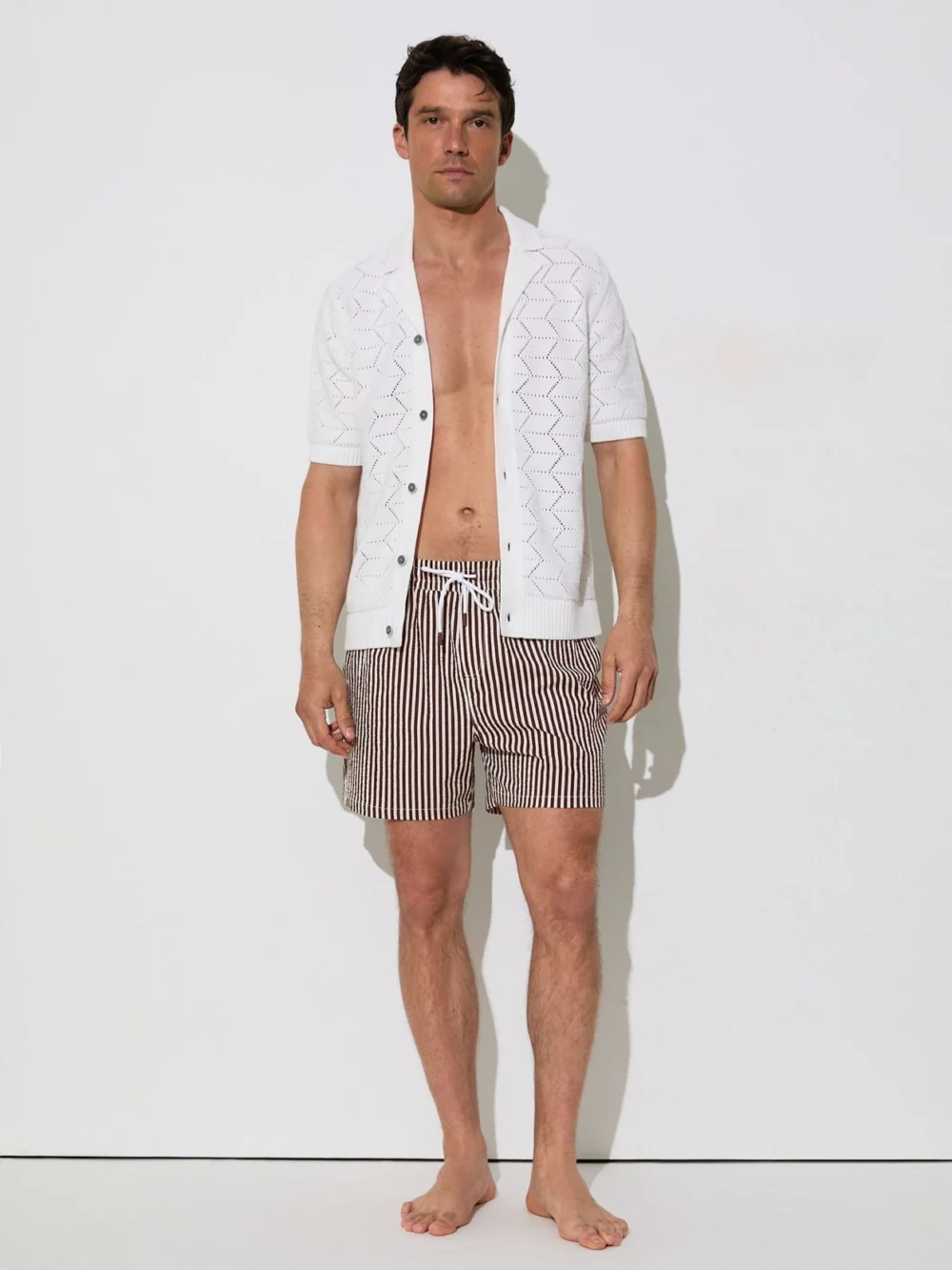 Reiss Brown & White Seersucker Stripe Swim Shorts, view 3