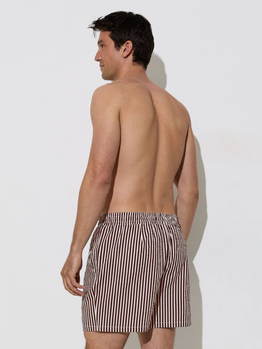 Reiss Brown & White Seersucker Stripe Swim Shorts, view 4