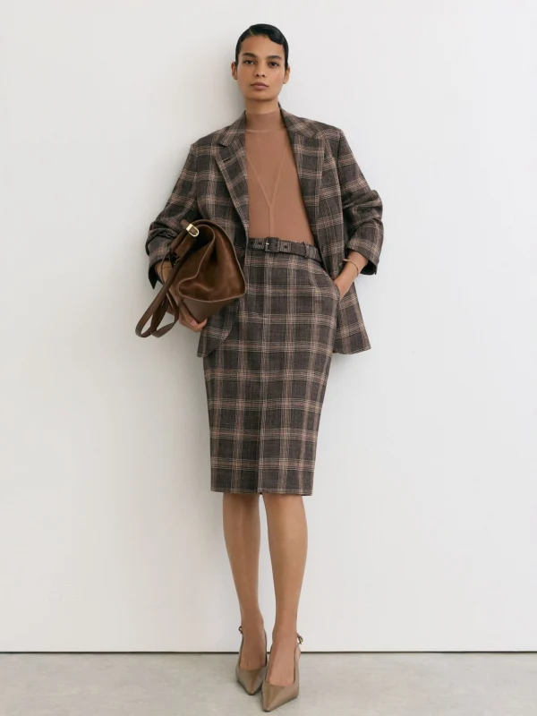 Reiss Brown Check Petite Wool Midi Pencil Skirt