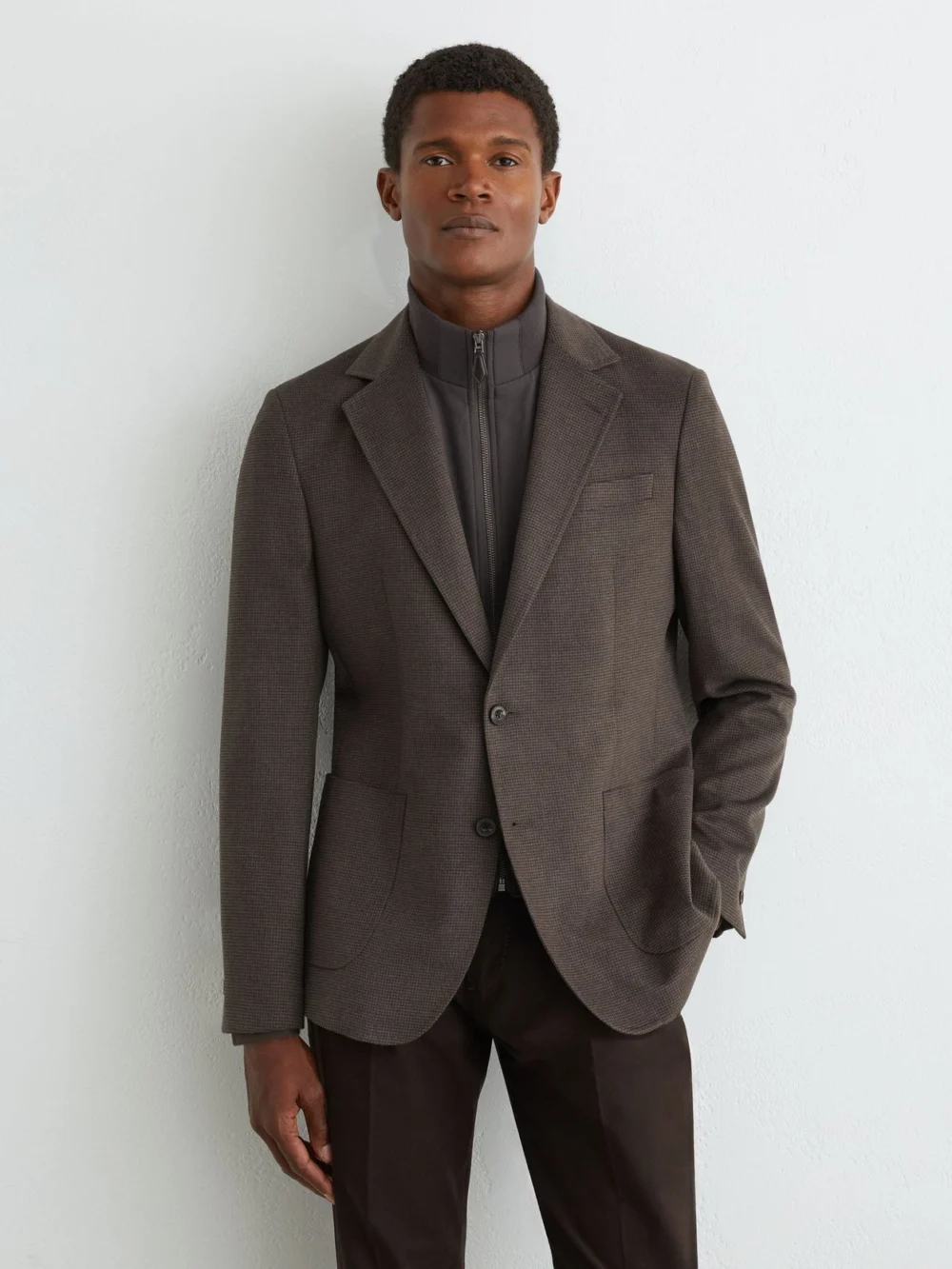 Reiss Brown Check Single-breasted Blazer with Gilet Insert Tailored-fit