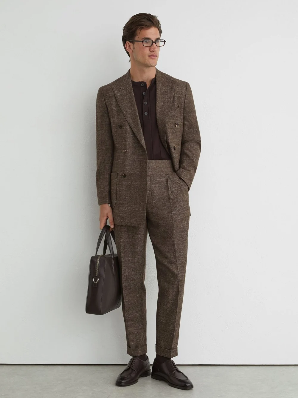 Reiss Brown Classic Fit Wool-blend Herringbone Suit Trousers, view 3