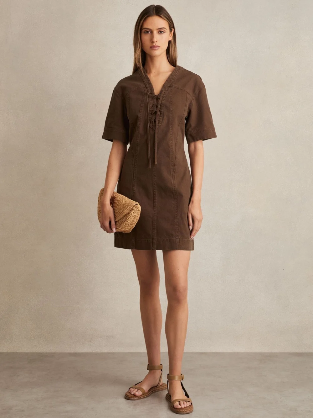 Reiss Brown Cotton Lace Up Denim Shirt Dress