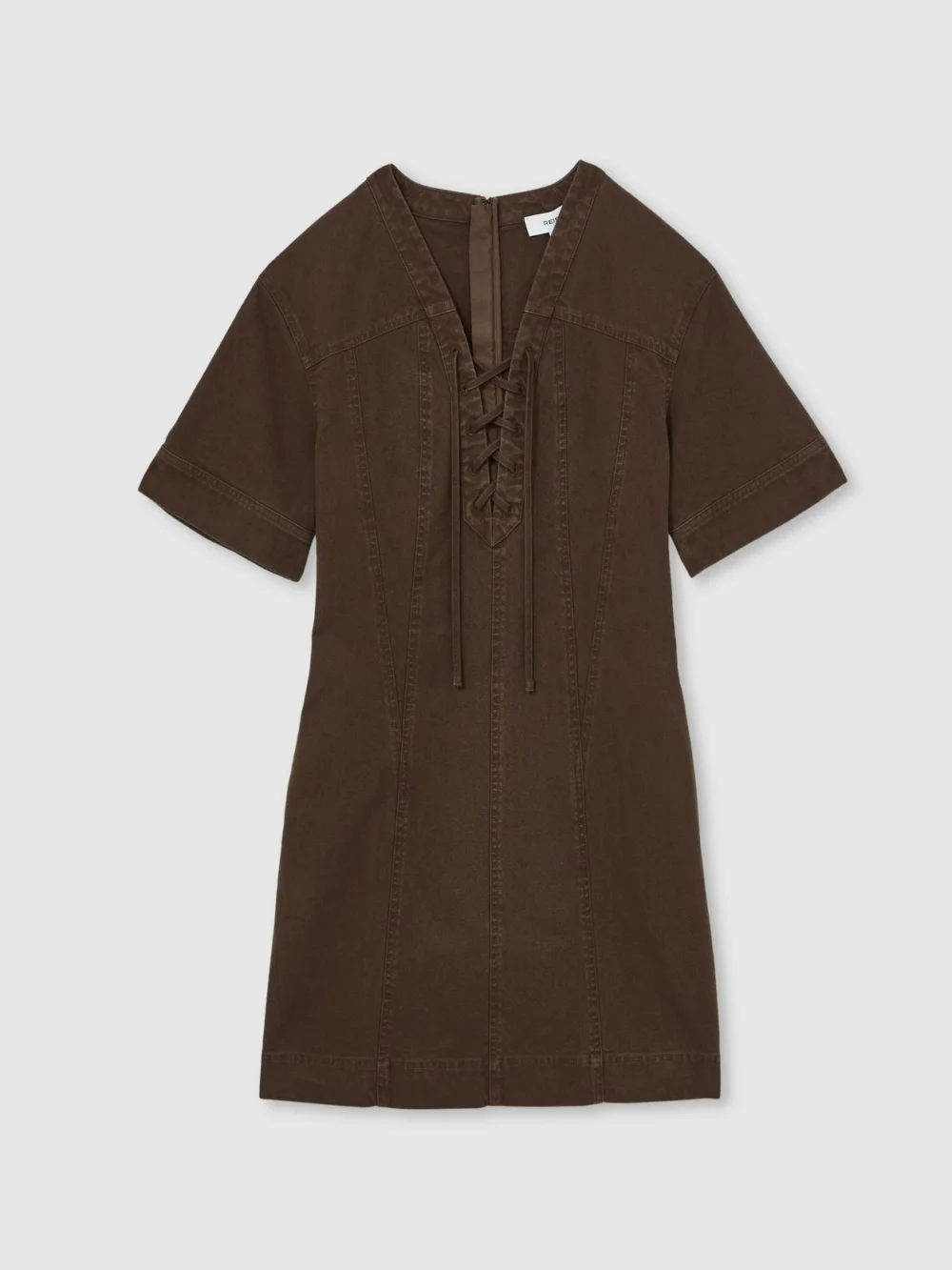 Reiss Brown Cotton Lace Up Denim Shirt Dress, view 2