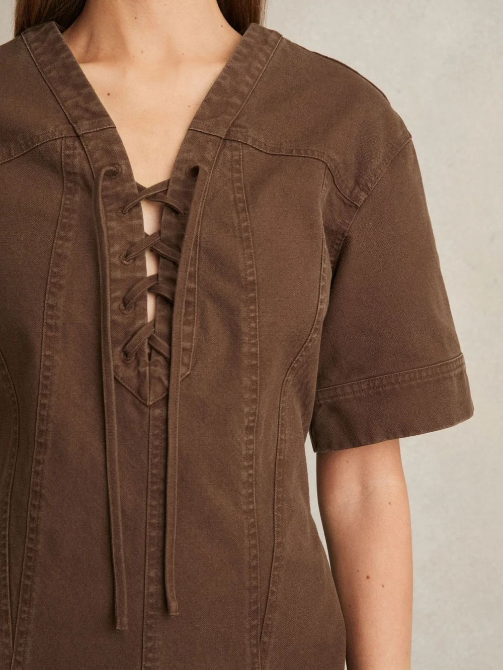 Reiss Brown Cotton Lace Up Denim Shirt Dress, view 3