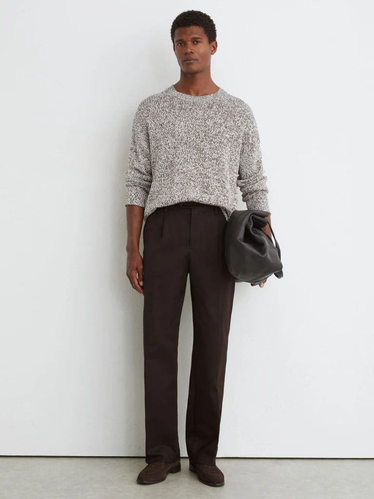 Reiss Brown Cotton Slub Pleated Relaxed-fit Trousers