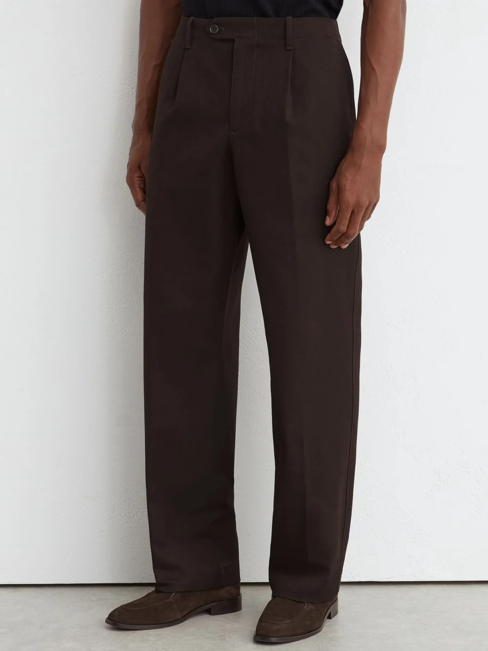Reiss Brown Cotton Slub Pleated Relaxed-fit Trousers, view 3