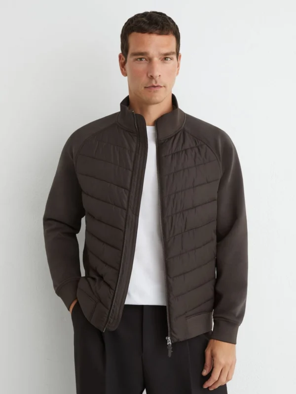 Reiss Brown Hybrid Quilted and Interlock Zip Jacket
