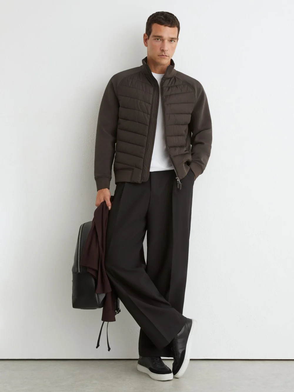 Reiss Brown Hybrid Quilted and Interlock Zip Jacket, view 3