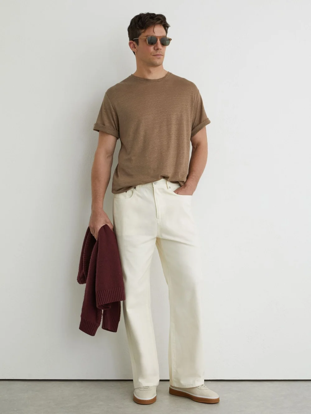 Reiss Brown Linen Relaxed-fit Crew-neck T-shirt