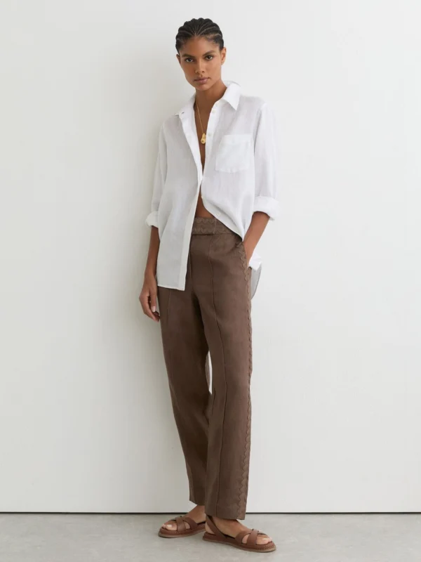 Reiss Brown Mila Linen Wave-trimed Trousers