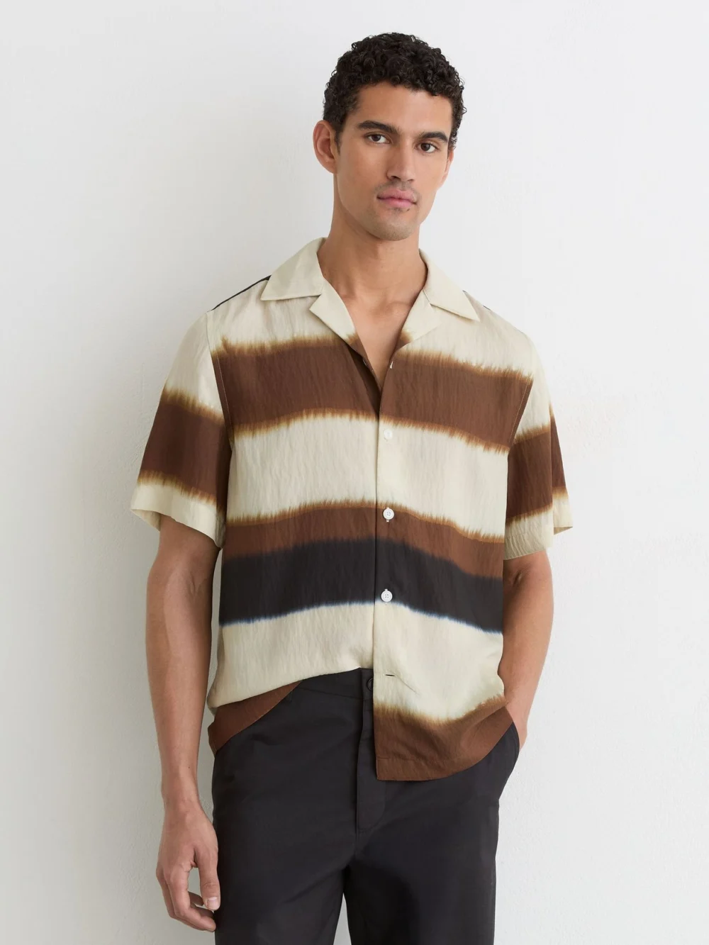 Reiss Brown Multi Block-stripe Cuban-collar Shirt, view 4