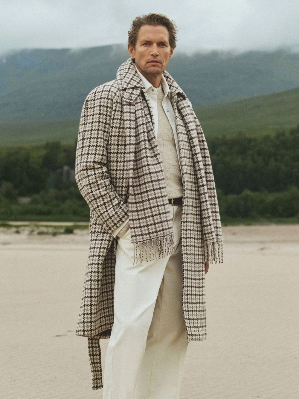 Reiss Brown Multi Wool Houndstooth-check Belted Overcoat