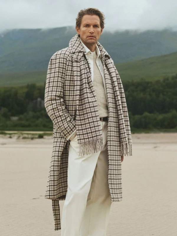 Reiss Brown Multi Wool Houndstooth-check Belted Overcoat
