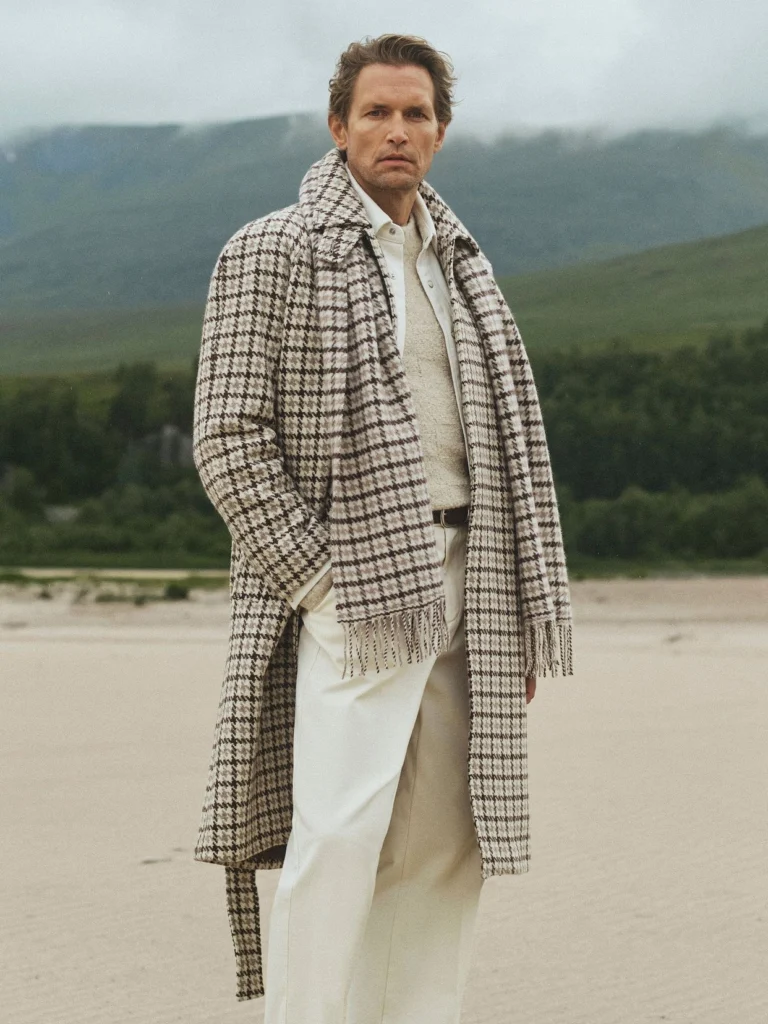 Reiss Brown Multi Wool Houndstooth-check Belted Overcoat