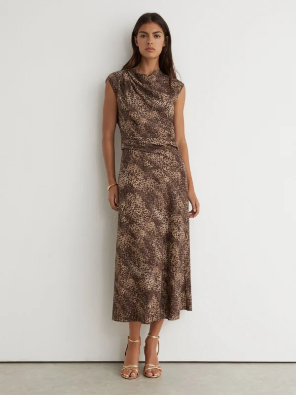 Reiss Brown Print Draped-detail Printed Midi Dress