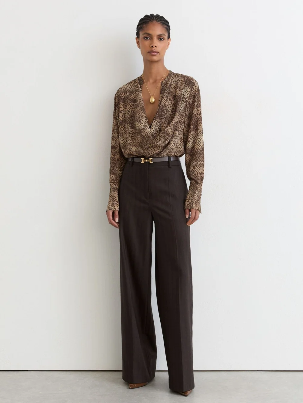 Reiss Brown Print Matte Silk Printed Draped Shirt