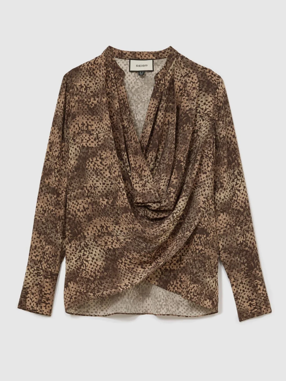Reiss Brown Print Matte Silk Printed Draped Shirt, view 2