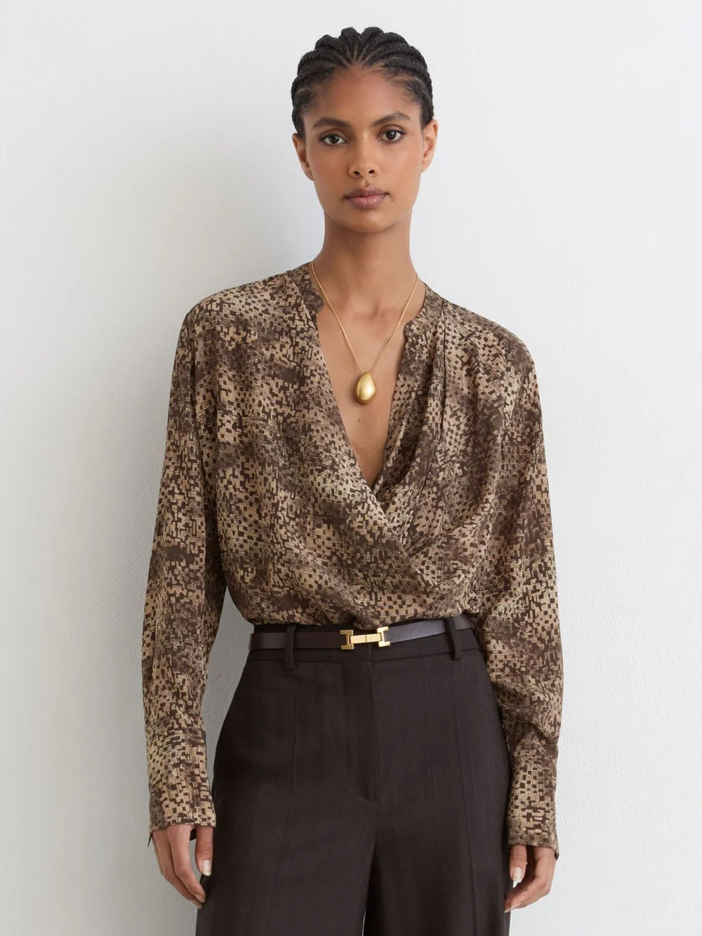 Reiss Brown Print Matte Silk Printed Draped Shirt, view 3