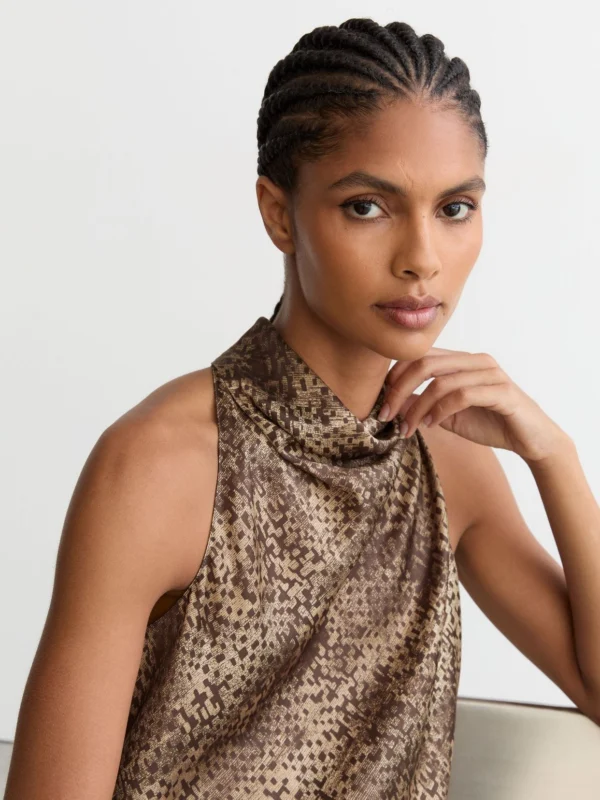Reiss Brown Print Silk Printed Cowl-neck Sleeveless Top