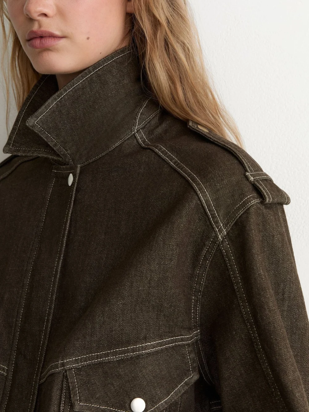 Reiss Brown Relaxed Denim Bomber Jacket, view 3