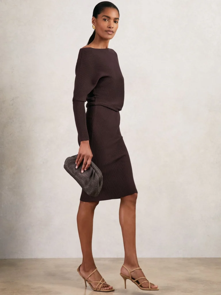 Reiss Brown Ribbed Off Shoulder Midi Dress