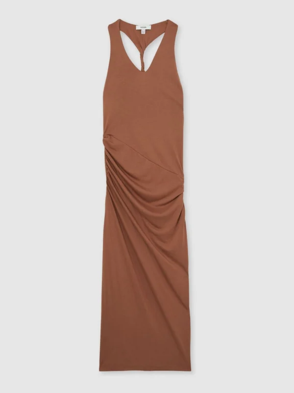 Reiss Brown Ruched Jersey Midi Dress