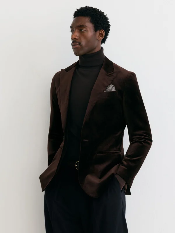 Reiss Brown Tailored Fit Velvet Single-breasted Blazer