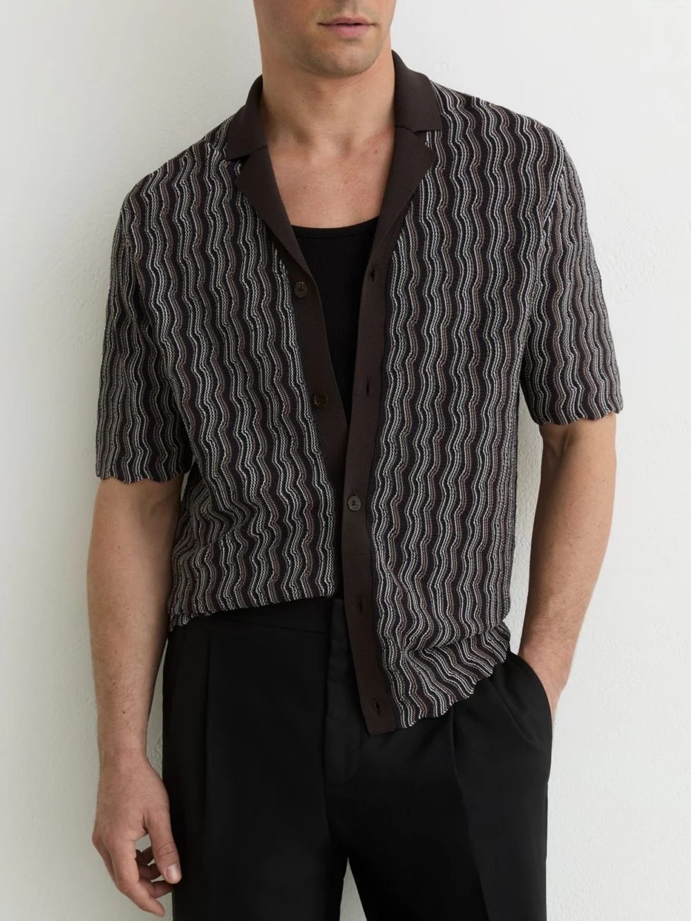 Reiss Brown Wavy-stripe Cuban-collar Knit Shirt