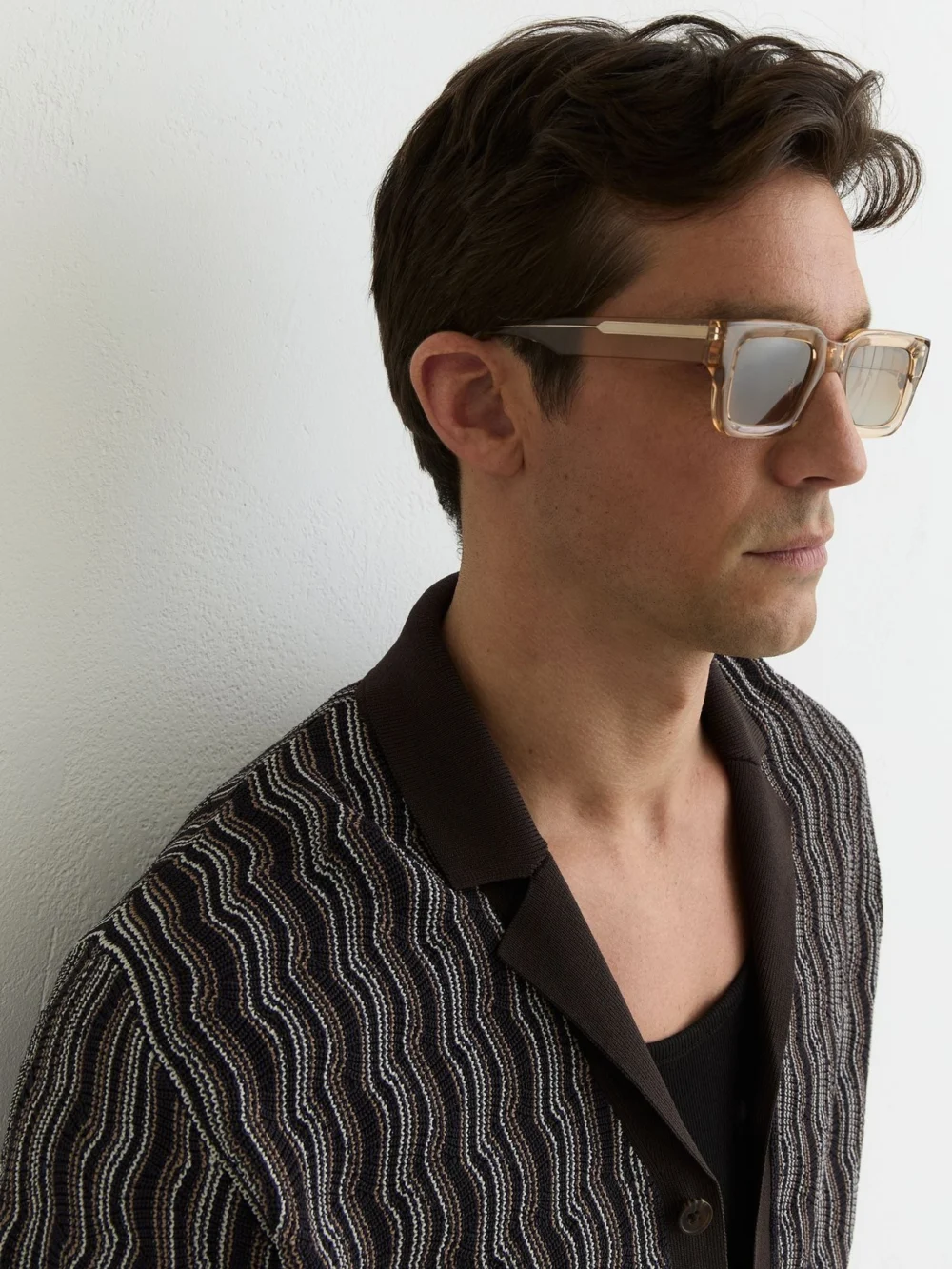 Reiss Brown Wavy-stripe Cuban-collar Knit Shirt, view 4