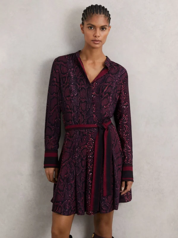 Reiss Burgundy & Black Snake Print Belted Mini Dress