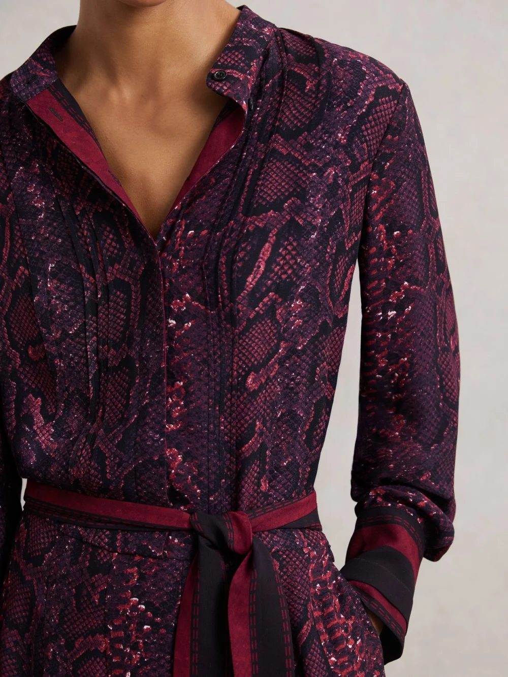 Reiss Burgundy & Black Snake Print Belted Mini Dress, view 3