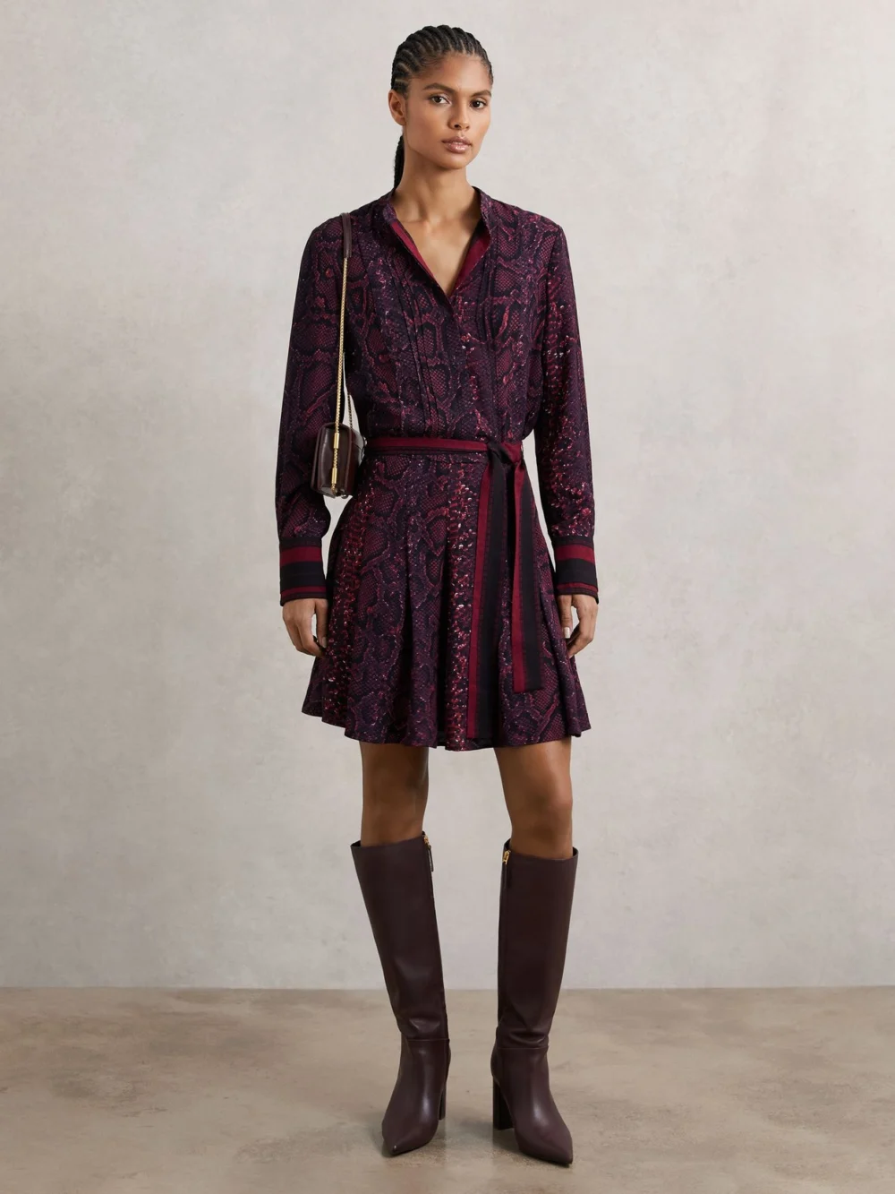 Reiss Burgundy & Black Snake Print Belted Mini Dress, view 4