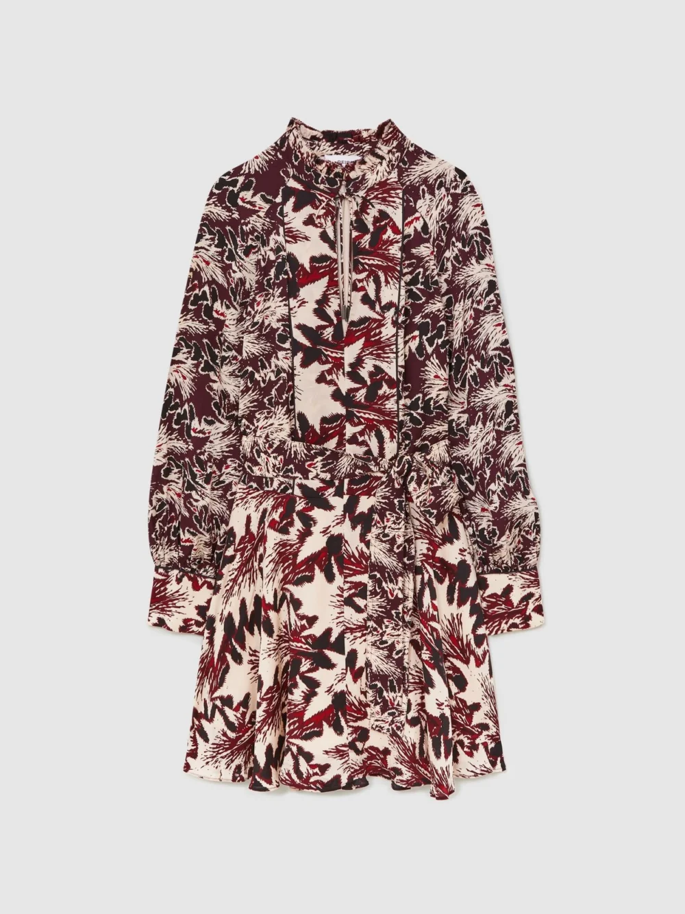 Reiss Burgundy & Cream Printed Tie Waist Flippy Mini Dress, view 2