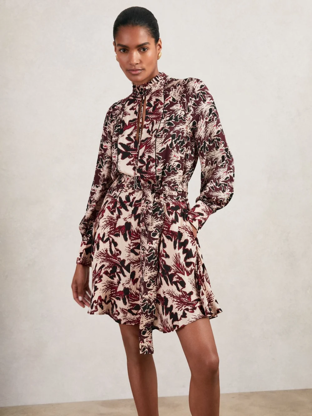 Reiss Burgundy & Cream Printed Tie Waist Flippy Mini Dress, view 3
