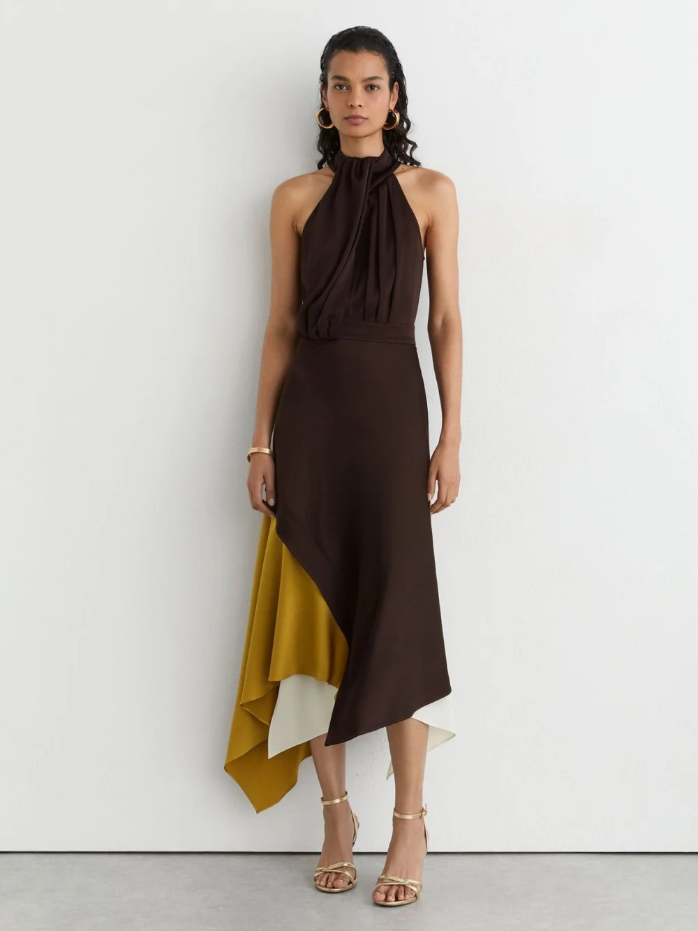 Reiss Burgundy & Green Colour-block Layered Midi Dress in burgundy/green
