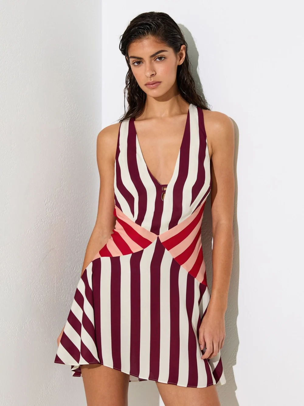 Reiss Burgundy & Off White Stripe-print Sleeveless Mini Dress, view 3