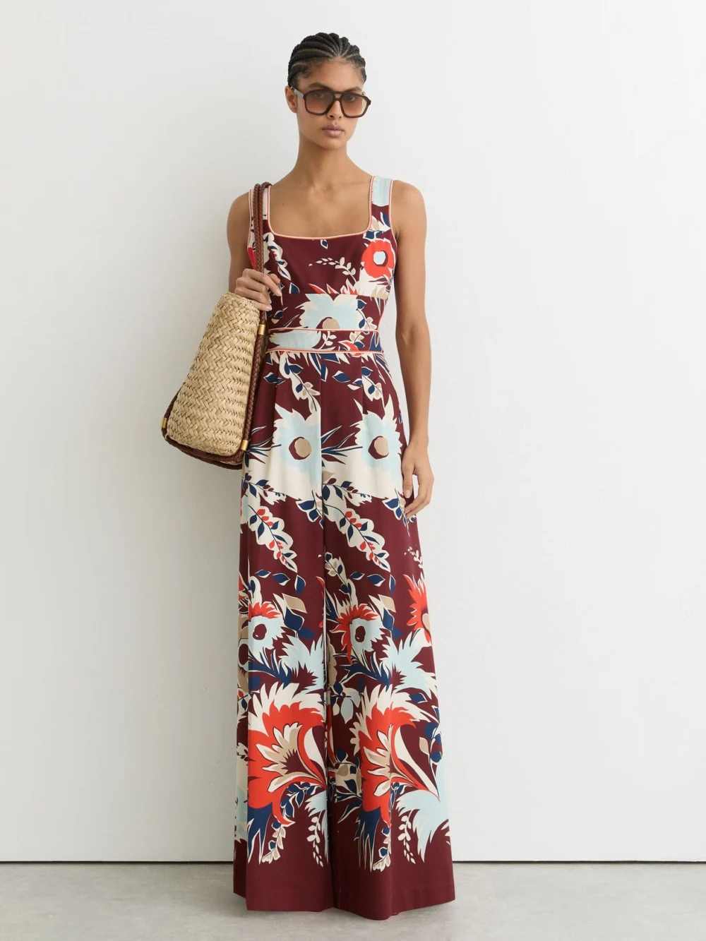 Reiss Burgundy Cotton Wide-leg Printed Jumpsuit