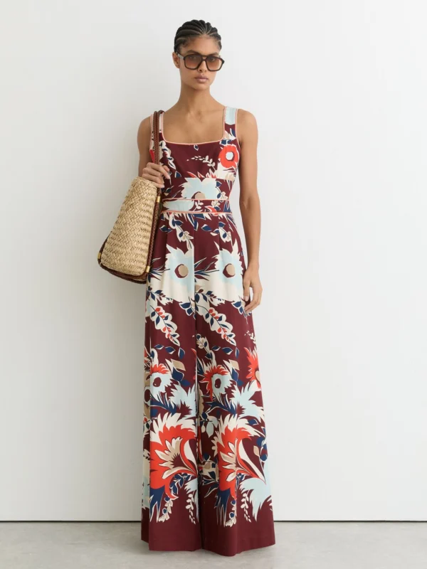 Reiss Burgundy Cotton Wide-leg Printed Jumpsuit